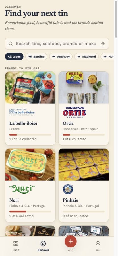 Tin & Tell discovery catalogue showing brands and search filters