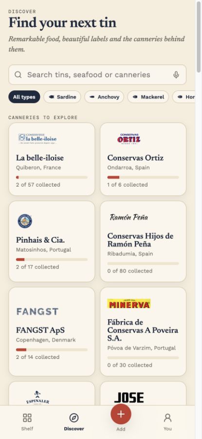 Tin & Tell discovery catalogue showing canneries and search filters