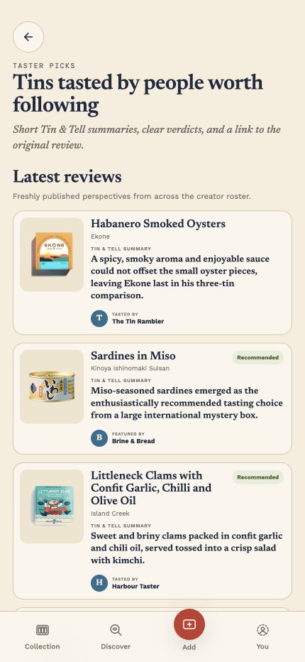 Tin & Tell Taster picks showing reviews and recommendations from conservas creators