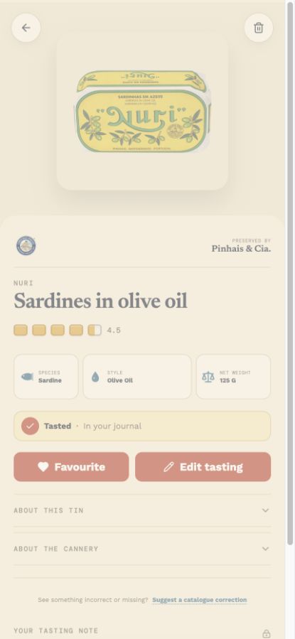 Tin & Tell tasting journal showing a rating and private tasting details